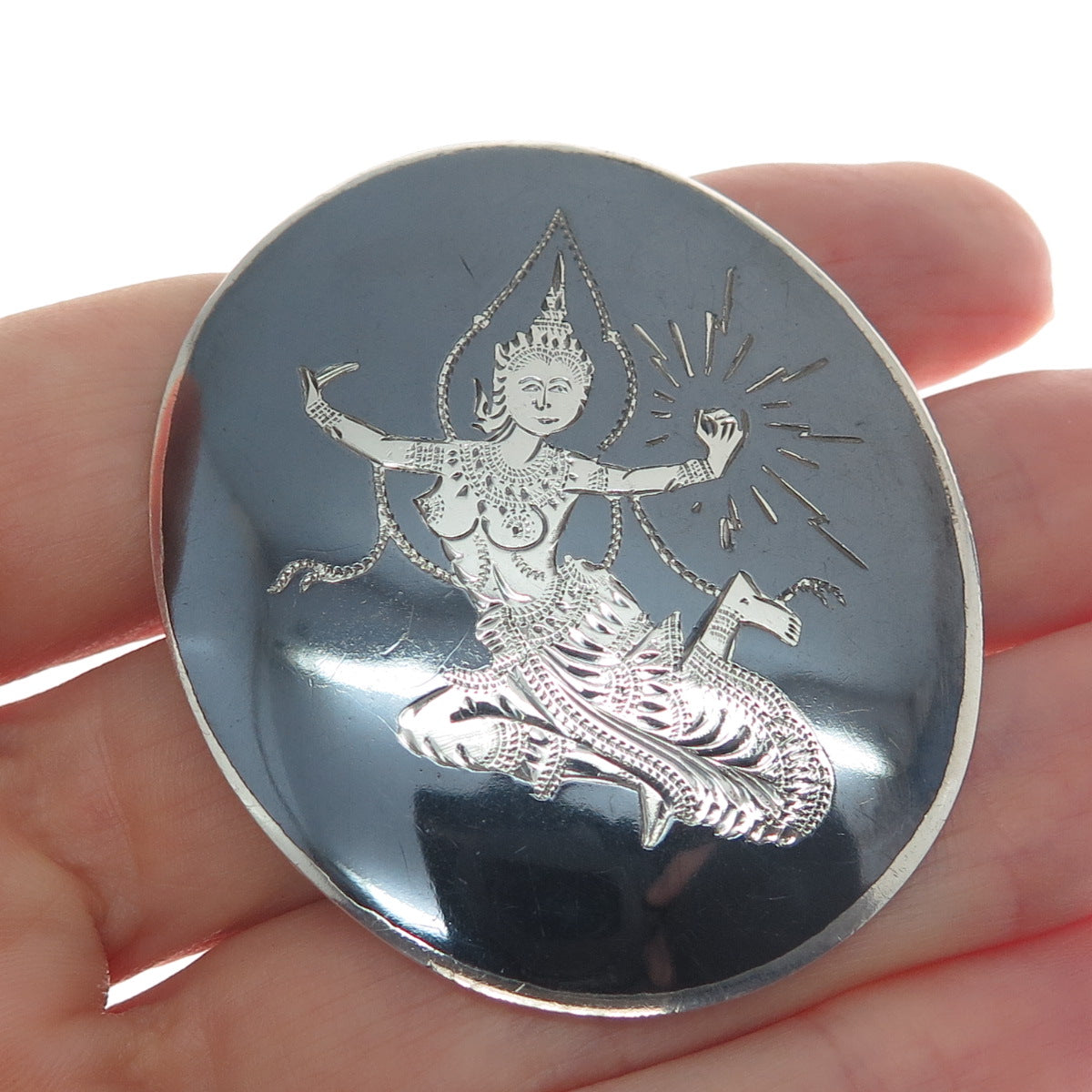 925 Sterling Silver Antique Siam Niello Hindu Goddess Pin Brooch