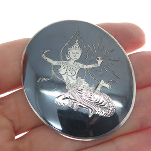 925 Sterling Silver Antique Siam Niello Hindu Goddess Pin Brooch