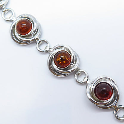 925 Sterling Silver Vintage Mexico Real Amber Nest Link Bracelet 7.5"