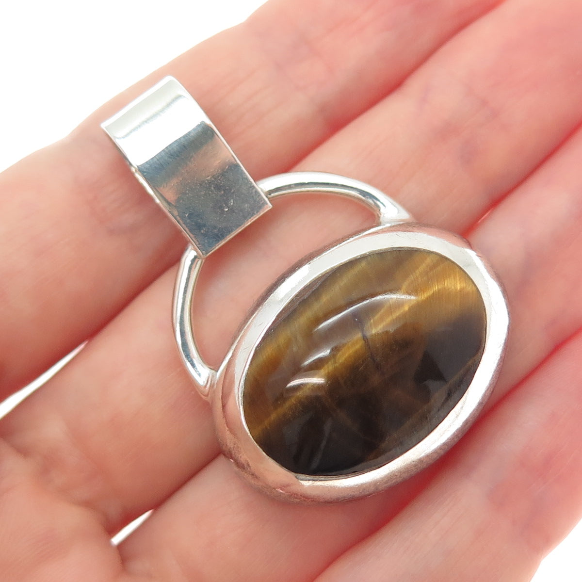 925 Sterling Silver Vintage Mexico Real Cabochon Tiger Eye Charm Pendant