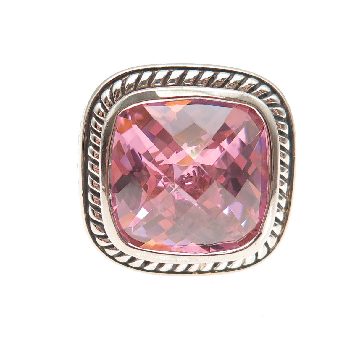 925 Sterling Silver Vintage Cushion-Cut Pink C Z Oxidized Ring Size 7.25