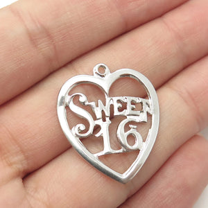 925 Sterling Silver Vintage Jewelart "Sweet 16" Heart Charm Pendant