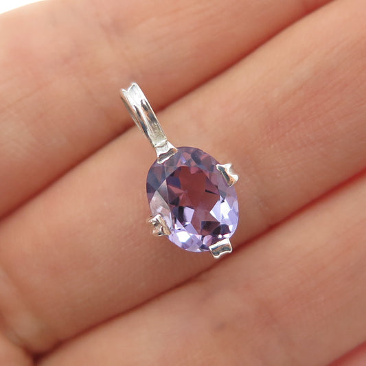 925 Sterling Silver Vintage Real Oval-Cut Amethyst Mini Charm Pendant