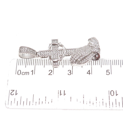925 Sterling Silver Round-Cut C Z Prayer Hands Cross Pendant