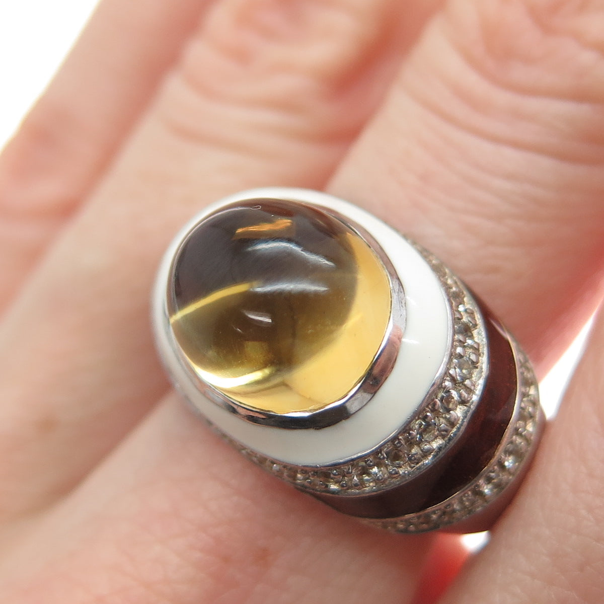 EMA 925 Sterling Silver Vintage Real Citrine & White Topaz Enamel Ring Size 7.25