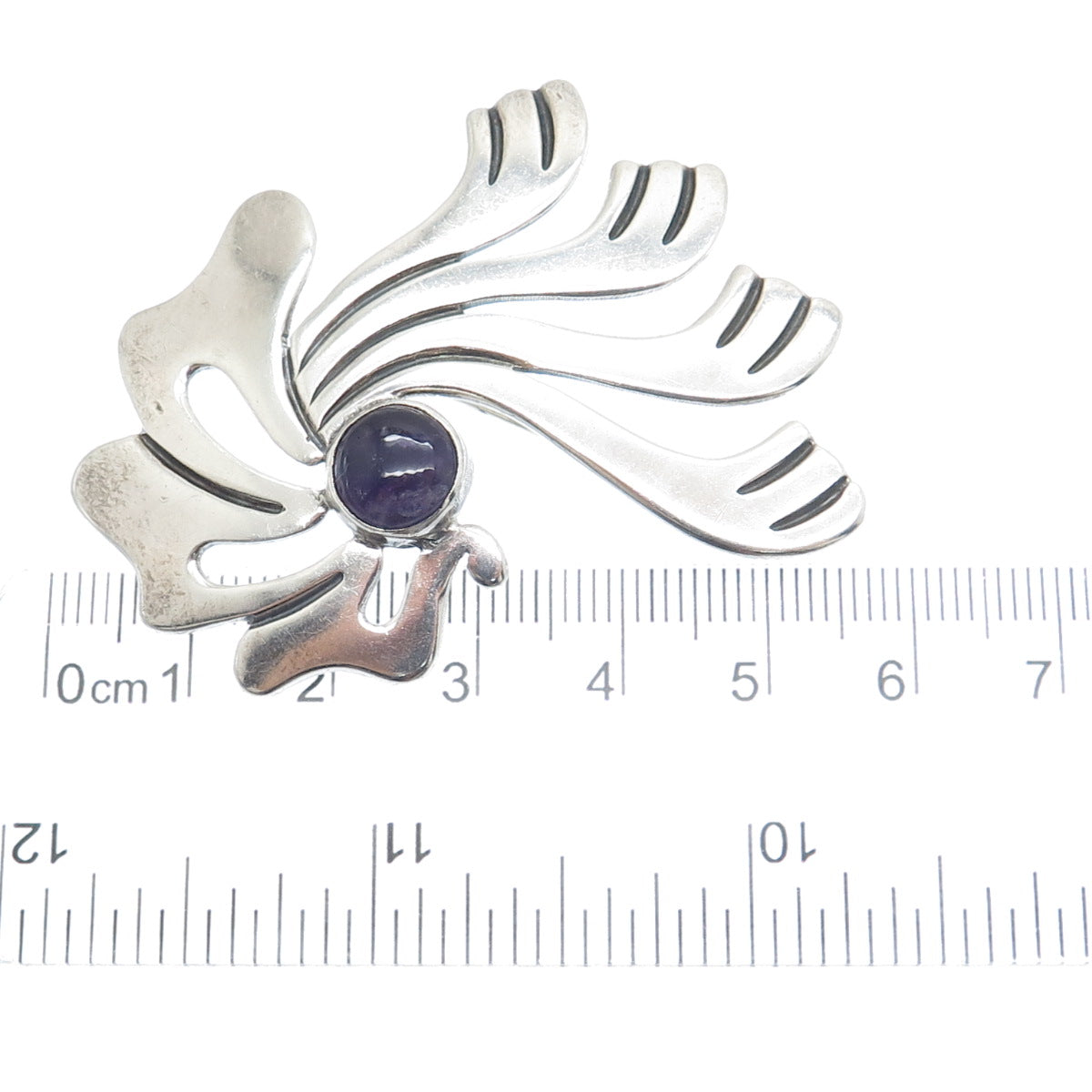 925 Sterling Silver Vintage Mexico Real Amethyst Modernist Pin Brooch