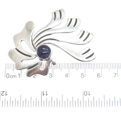925 Sterling Silver Vintage Mexico Real Amethyst Modernist Pin Brooch