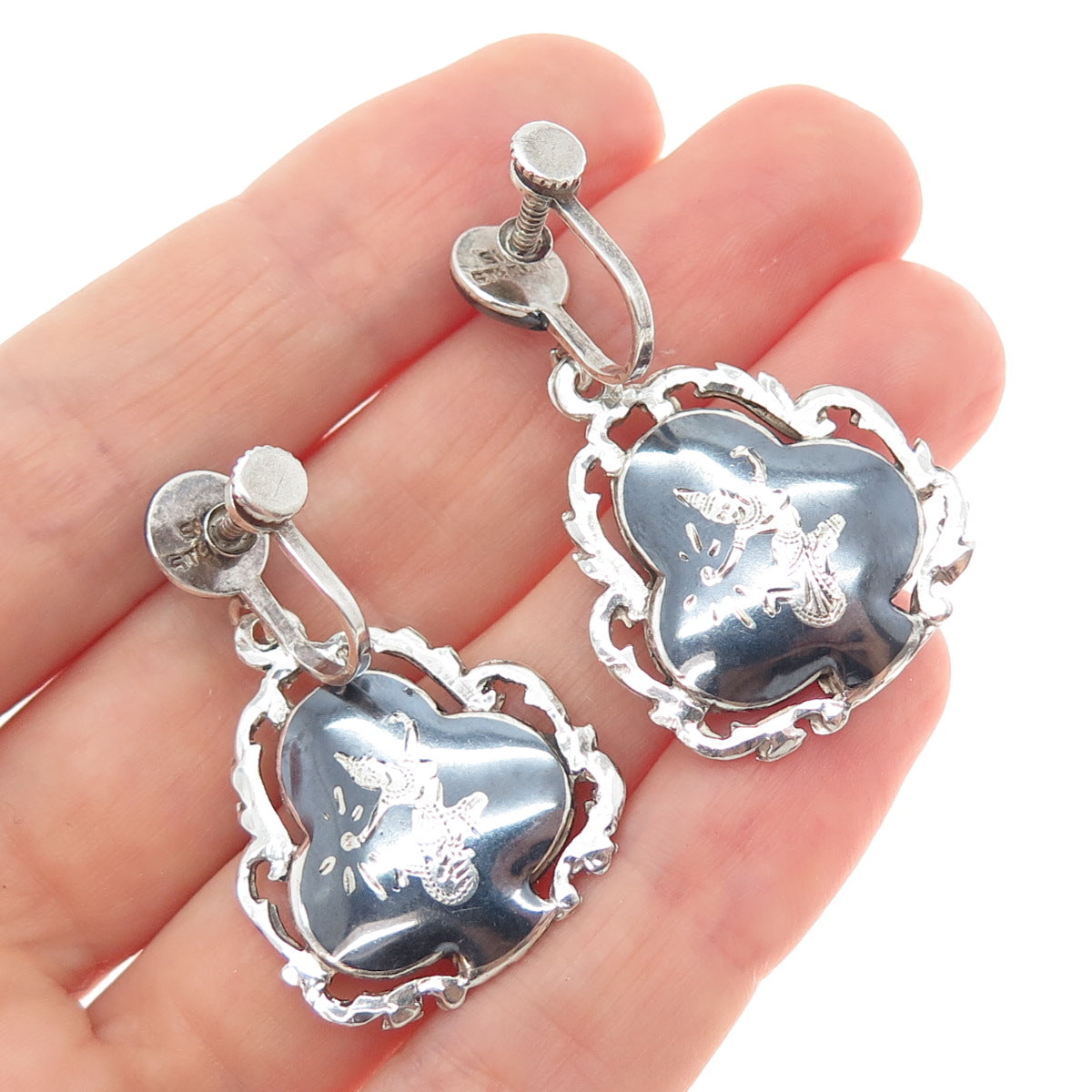 925 Sterling Silver Antique Siam Niello Hindu Goddess Screw Back Dangle Earrings