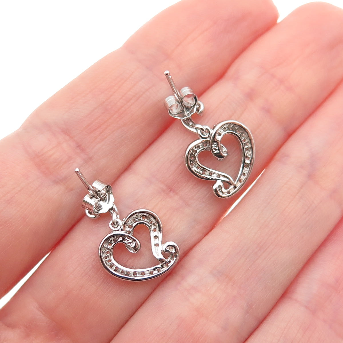 925 Sterling Silver Round-Cut C Z Heart Dangle Earrings