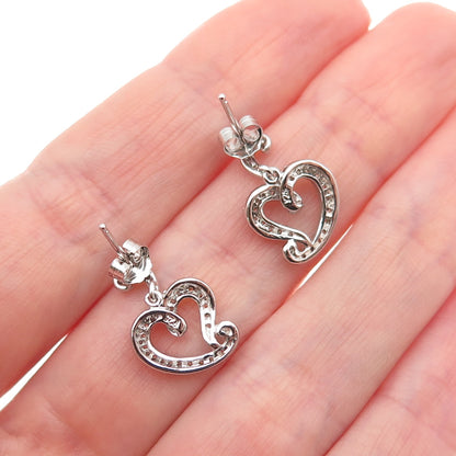 925 Sterling Silver Round-Cut C Z Heart Dangle Earrings