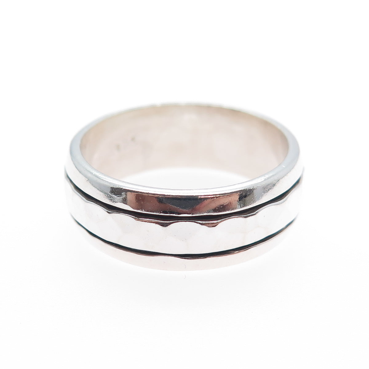 925 Sterling Silver Vintage Modernist Hammered Rotating Band Ring Size 9.25