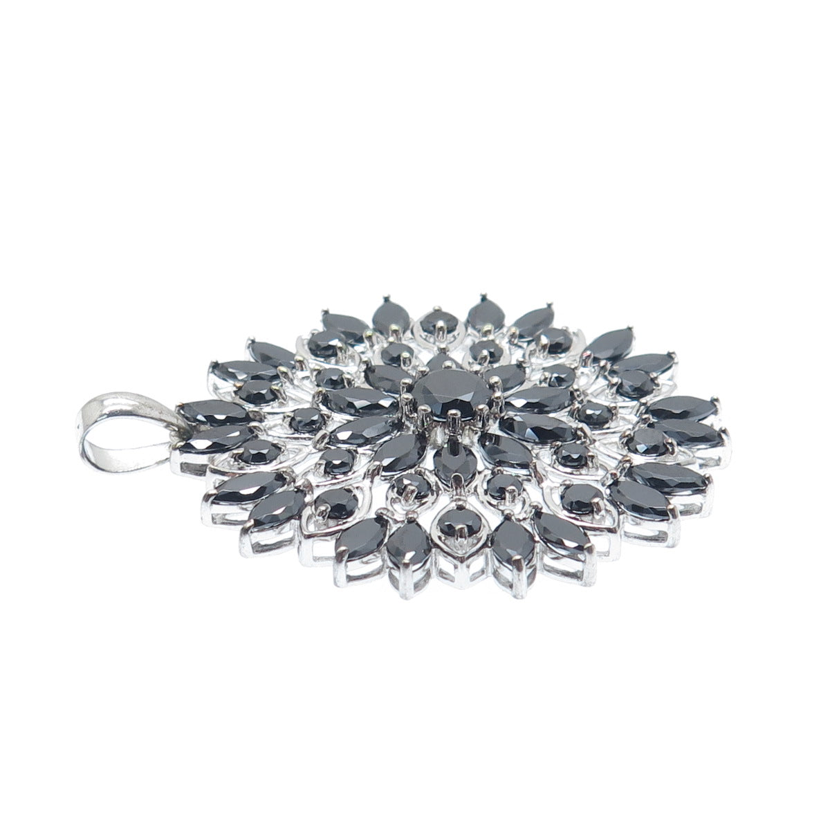 925 Sterling Silver Round & Marquise-Cut Black C Z Flower Cluster Charm Pendant