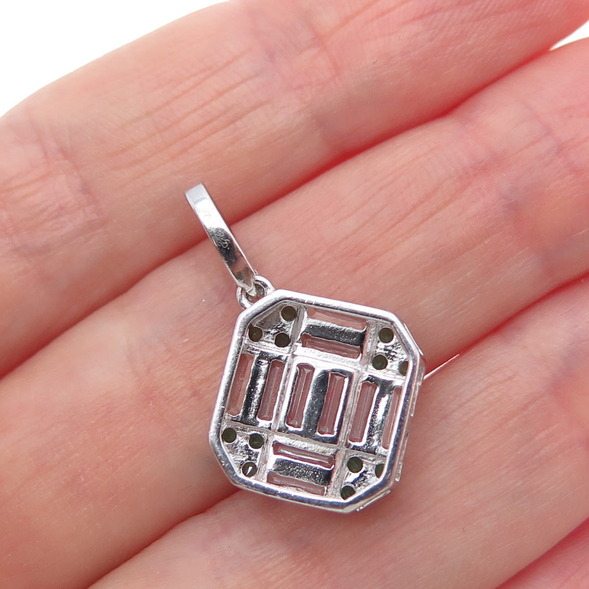925 Sterling Silver Real Round-Cut Chrome Diopside & Baguette-Cut C Z Pendant