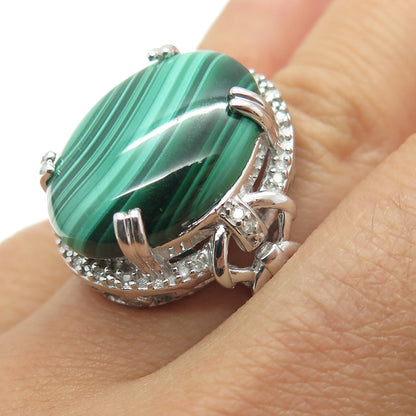 HN HENG NGAI 925 Sterling Silver Real Diamond & Malachite Ring Size 6