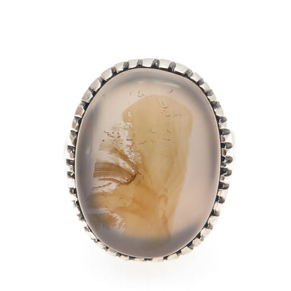 925 Sterling Silver Antique Art Deco Real Agate Oxidized Ring Size 8.75