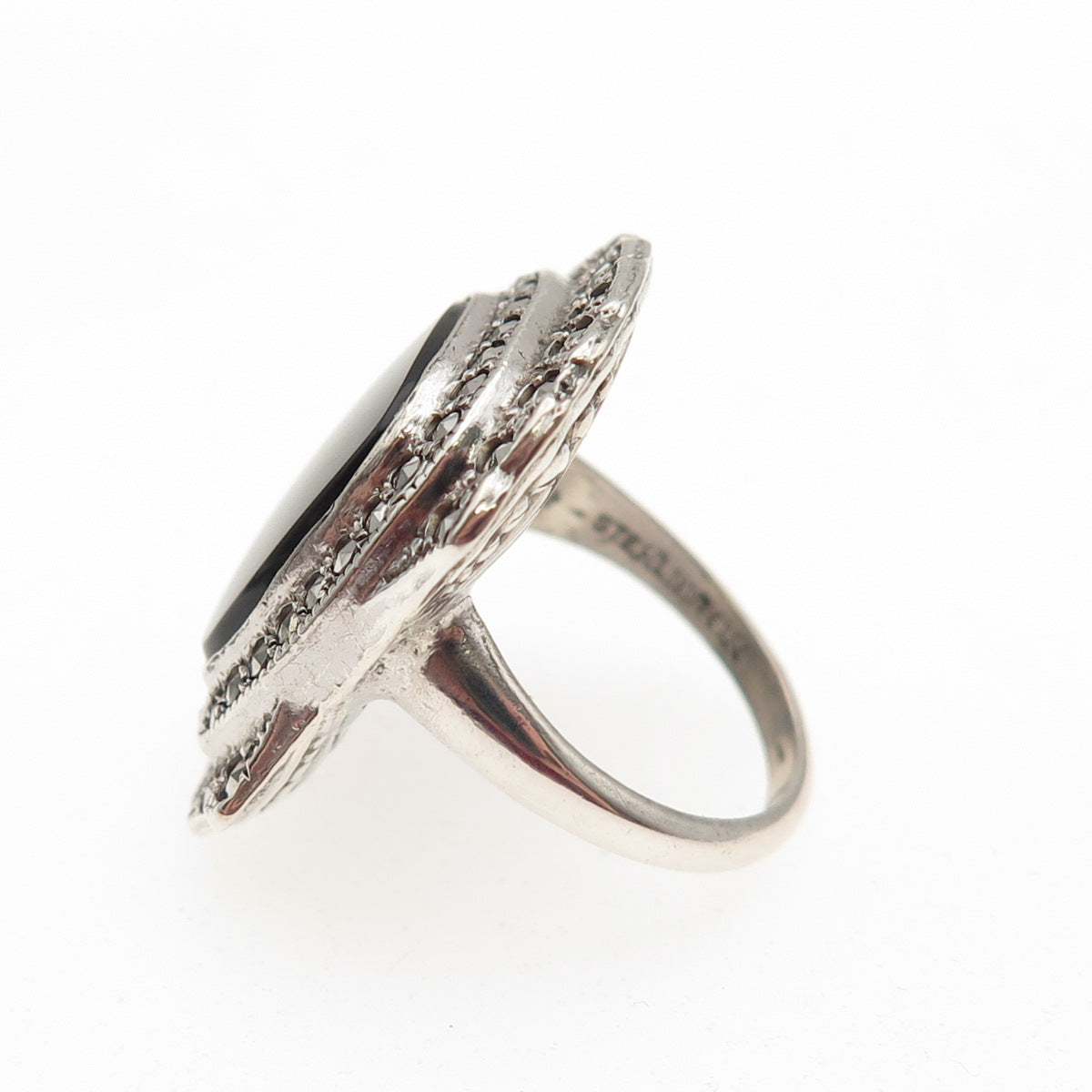 UNCAS 925 Sterling Antique Art Deco Real Black Onyx & Marcasite Ring Size 3.25