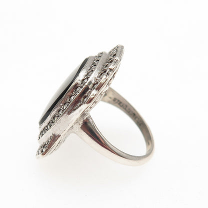 UNCAS 925 Sterling Antique Art Deco Real Black Onyx & Marcasite Ring Size 3.25