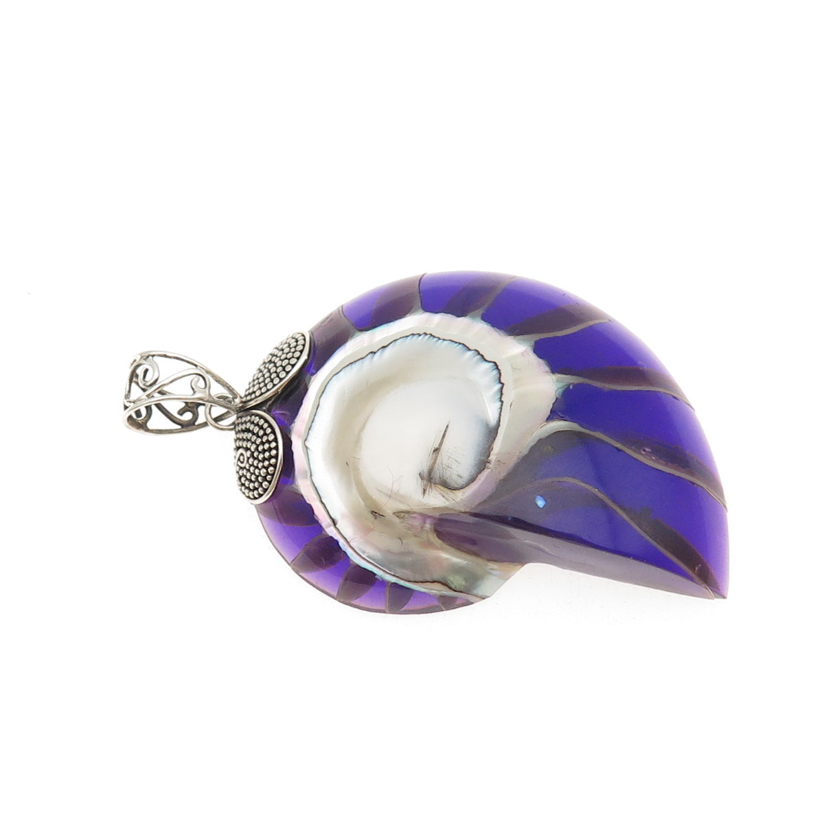 925 Sterling Silver Vintage Real Purple Nautilus Shell Modernist Pendant