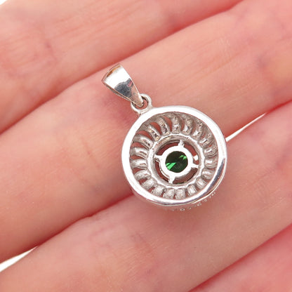 925 Sterling Silver Round-Cut Green & White C Z Charm Pendant