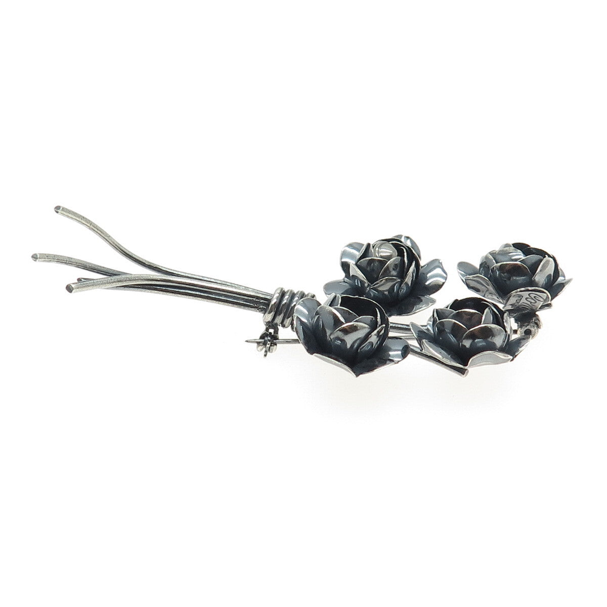 CORO 925 Sterling Silver Antique Art Deco Rose Flower Oxidized Pin Brooch