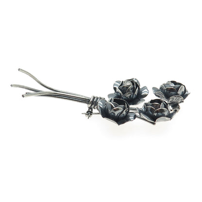 CORO 925 Sterling Silver Antique Art Deco Rose Flower Oxidized Pin Brooch
