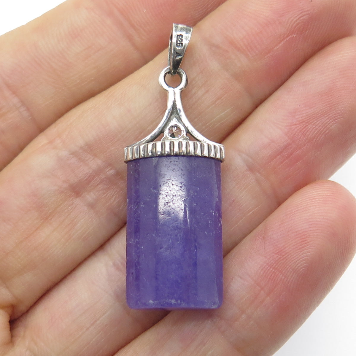 925 Sterling Silver Vintage Lavender Jade & C Z Chinese Character Amulet Pendant