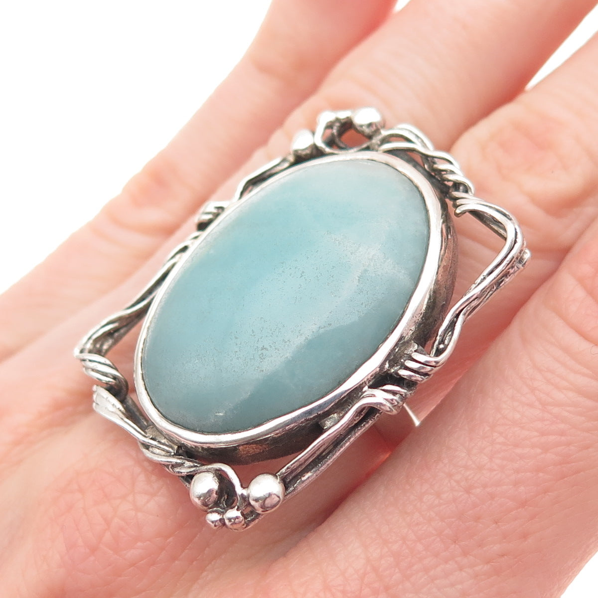 925 Sterling Silver Vintage Real Larimar Modernist Oxidized Ring Size 7