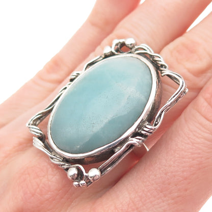 925 Sterling Silver Vintage Real Larimar Modernist Oxidized Ring Size 7