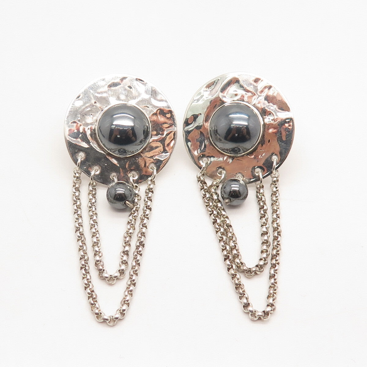 925 Sterling Silver Vintage Hematite Gem Box Chain Hammered Round Earrings