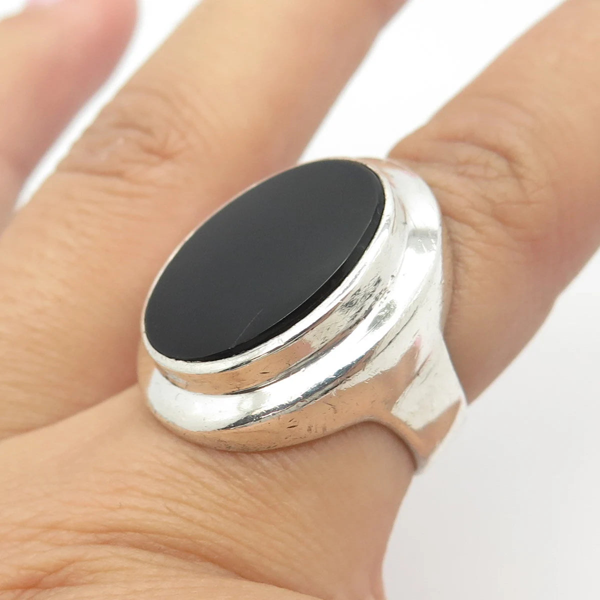 925 Sterling Silver Vintage Real Black Onyx Gem Large Ring Size 7