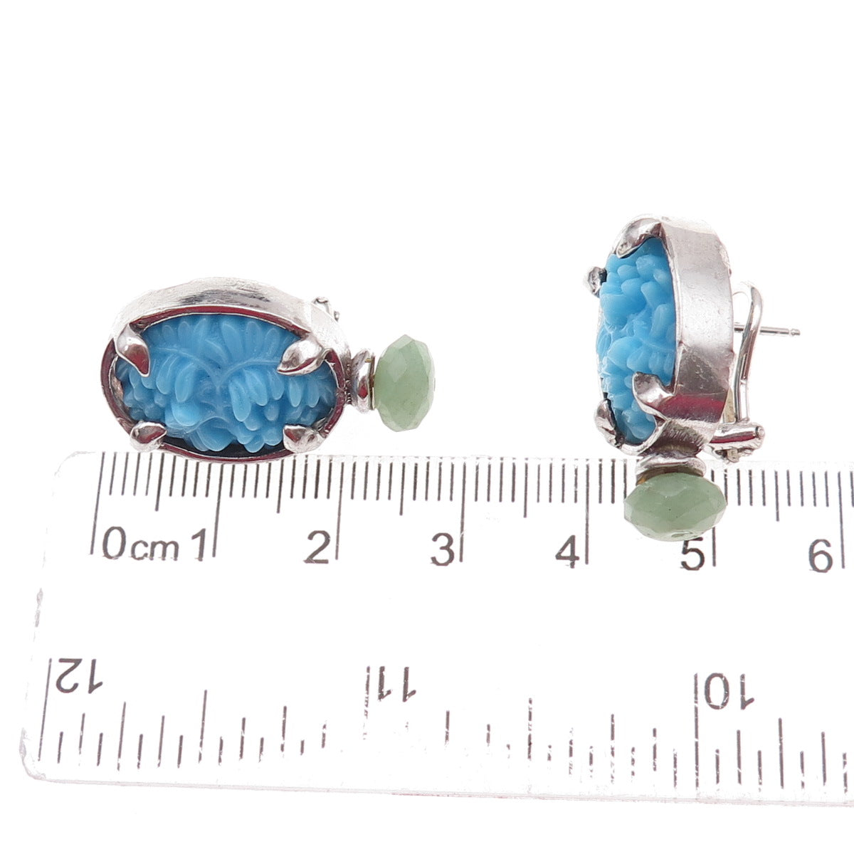 925 Sterling Silver Vintage Real Turquoise Aventurine Floral Omega Back Earrings