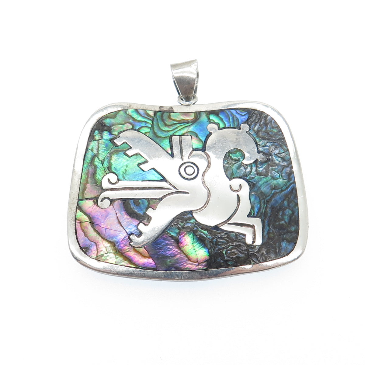 925 Sterling Silver Vintage Mexico Taxco Real Abalone Shell Tribal Pendant