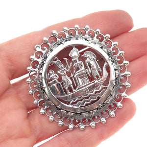 800 Silver Antique Art Deco Egyptian Gods Storyteller Oxidized Pin Brooch