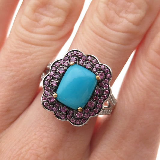 925 Sterling Silver Real Turquoise Amethyst & White Topaz Ring Size 8.25