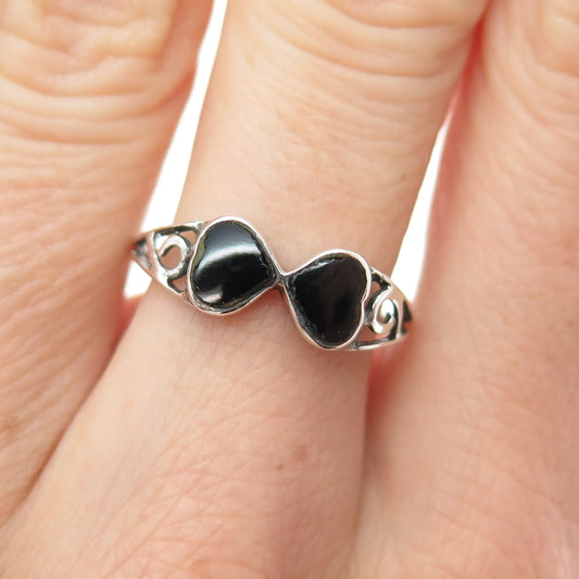 925 Sterling Silver Vintage Real Black Onyx Double Heart Spiral Ring Size 7.5
