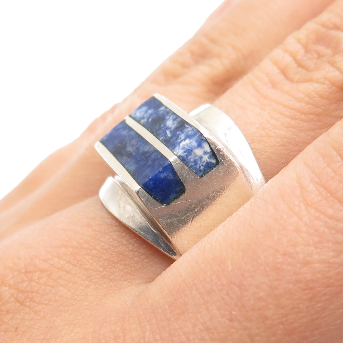 925 Sterling Silver Vintage Mexico Real Sodalite Modernist Ring Size 11.25