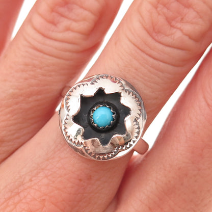 Old Pawn Sterling Silver Vintage Turquoise Snake Eye Shadow Box Ring Size 7.5