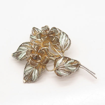 800 Silver Vintage Filigree Floral Pin Brooch