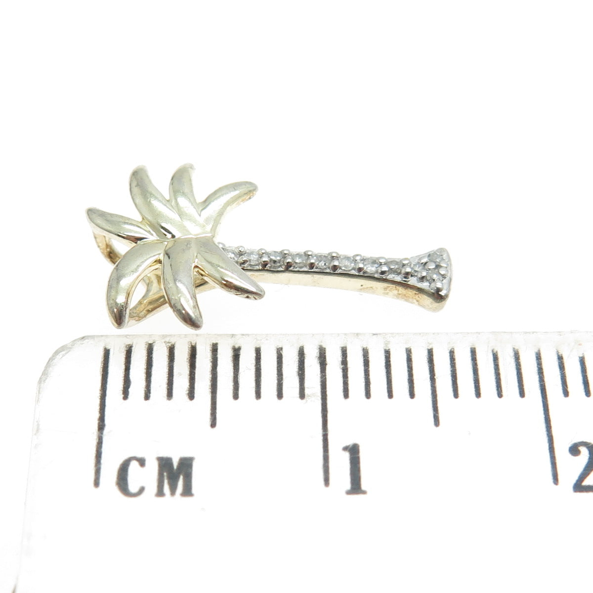 SUN 925 Sterling Silver 2-Tone Real Round-Cut Diamond Palm Tree Slide Pendant