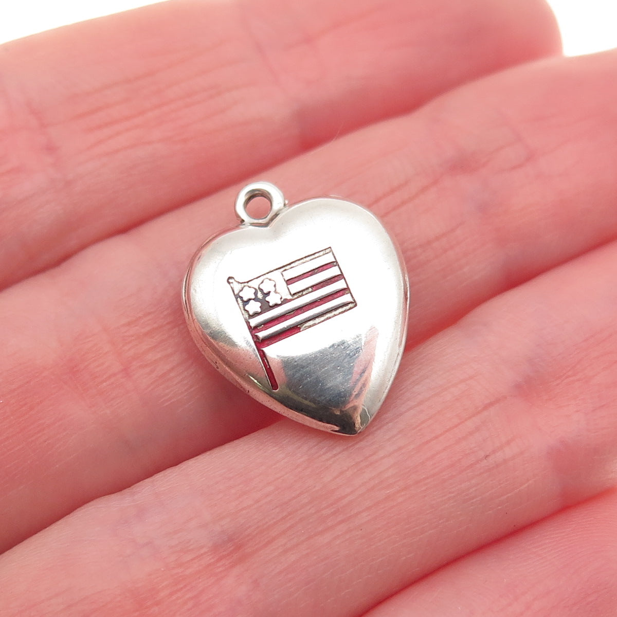 925 Sterling Antique Enamel US Flag Chatelaine Engraved Heart Mini Charm Pendant