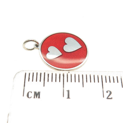 925 Sterling Silver Red Enamel Couple Heart Round Tag Minimalist Charm Pendant