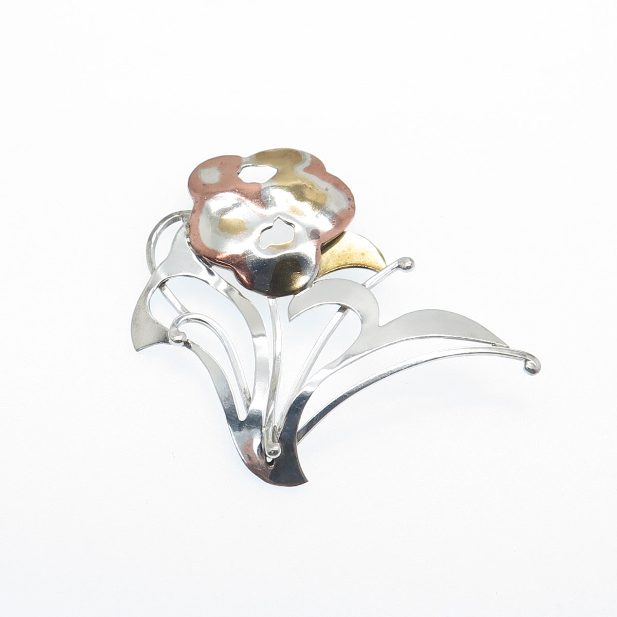 925 Sterling Silver 3-Tone Vintage JR Artisan Modernist Flower Pin Brooch