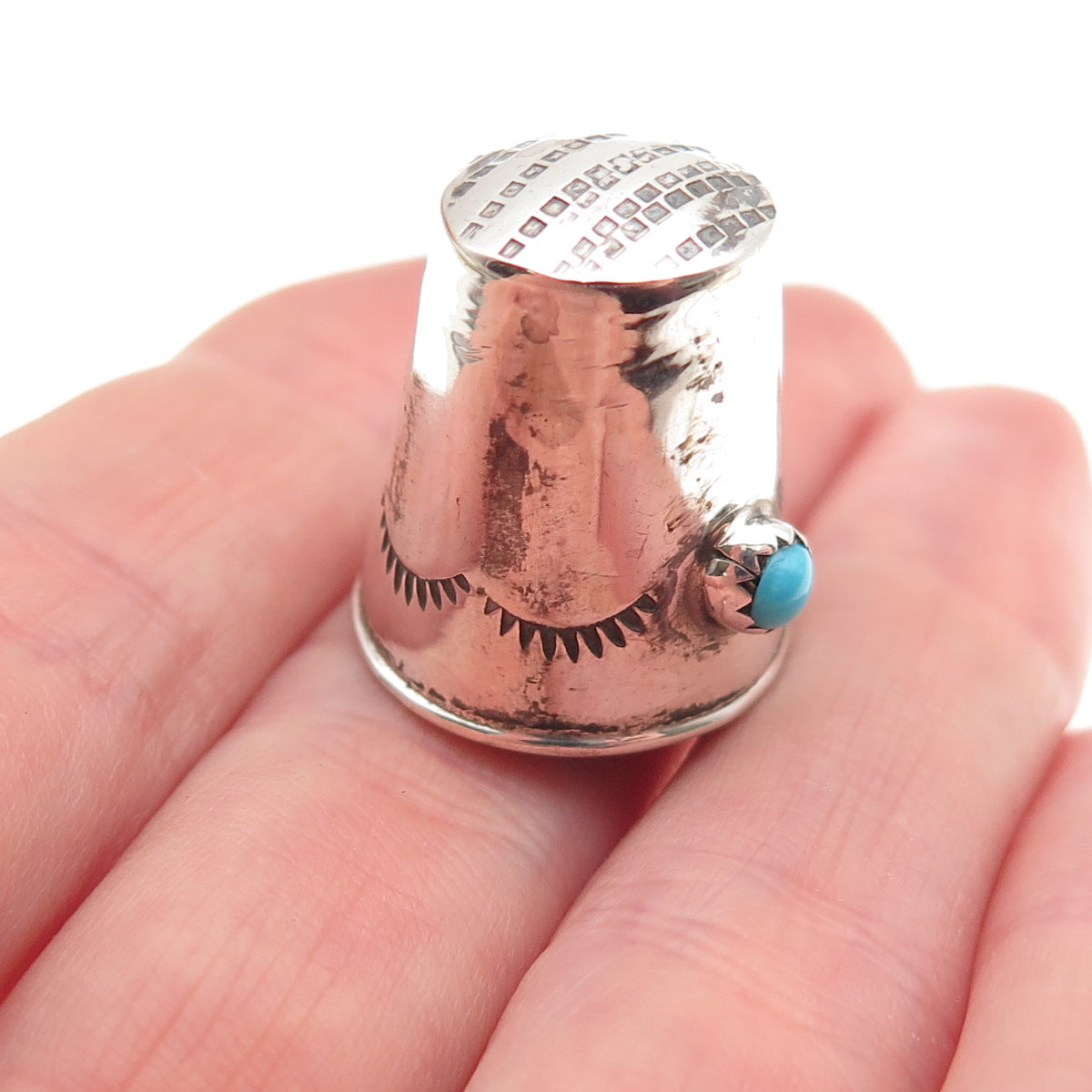 Old Pawn 925 Sterling Silver Vintage Turquoise Snake Eye Sewing Thimble