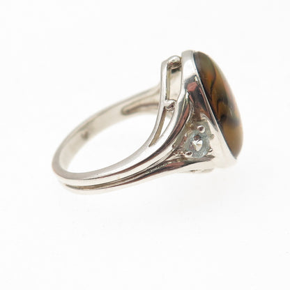 925 Sterling Silver Vintage Real Abalone Shell & Blue Topaz Ring Size 6.25