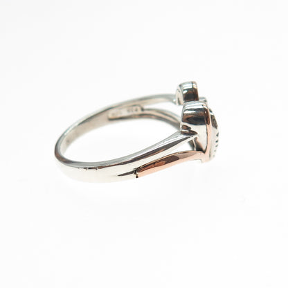 SUN 925 Sterling Silver 10K Gold Real Diamond Couple Heart Ring Size 7