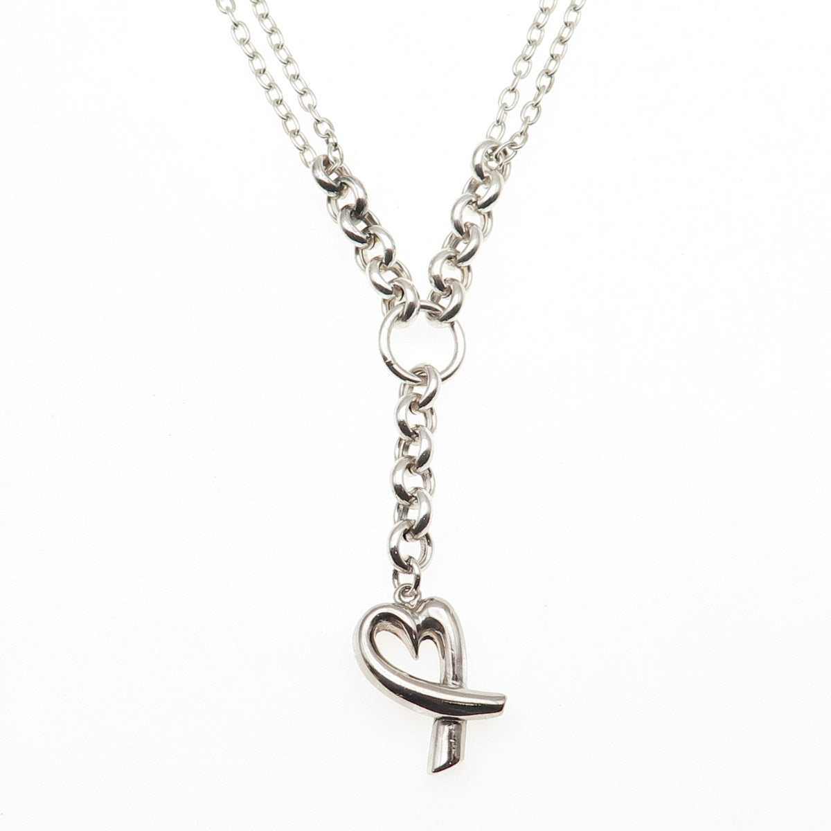 925 Sterling Silver Vintage Loving Heart Double Chain Necklace 16"