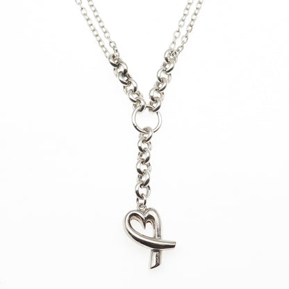 925 Sterling Silver Vintage Loving Heart Double Chain Necklace 16"
