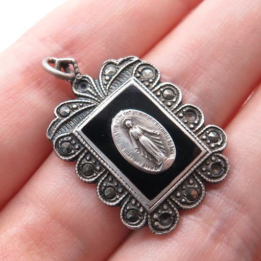 925 Sterling Silver Antique Onyx & Marcasite St. Mary Pendant (missing 4 stones)