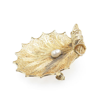 925 Sterling Gold Plated Vintage GV Portugal Real Pearl Filigree Shell Brooch
