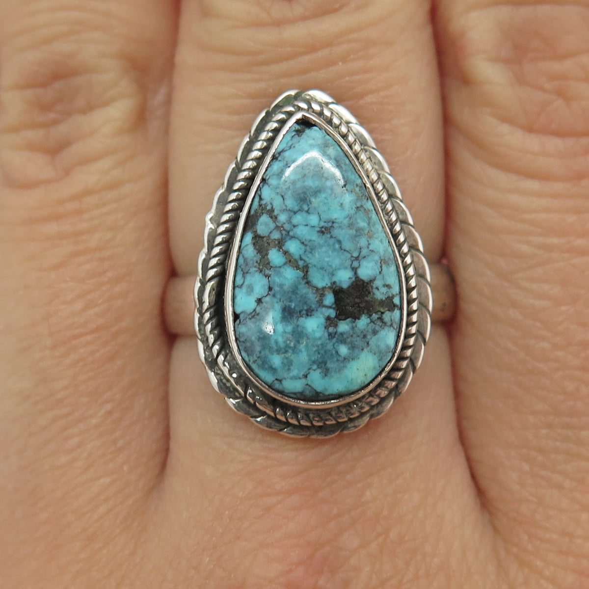 925 Sterling Silver Vintage Real Peacock Turquoise Southwestern Ring Size 7.5